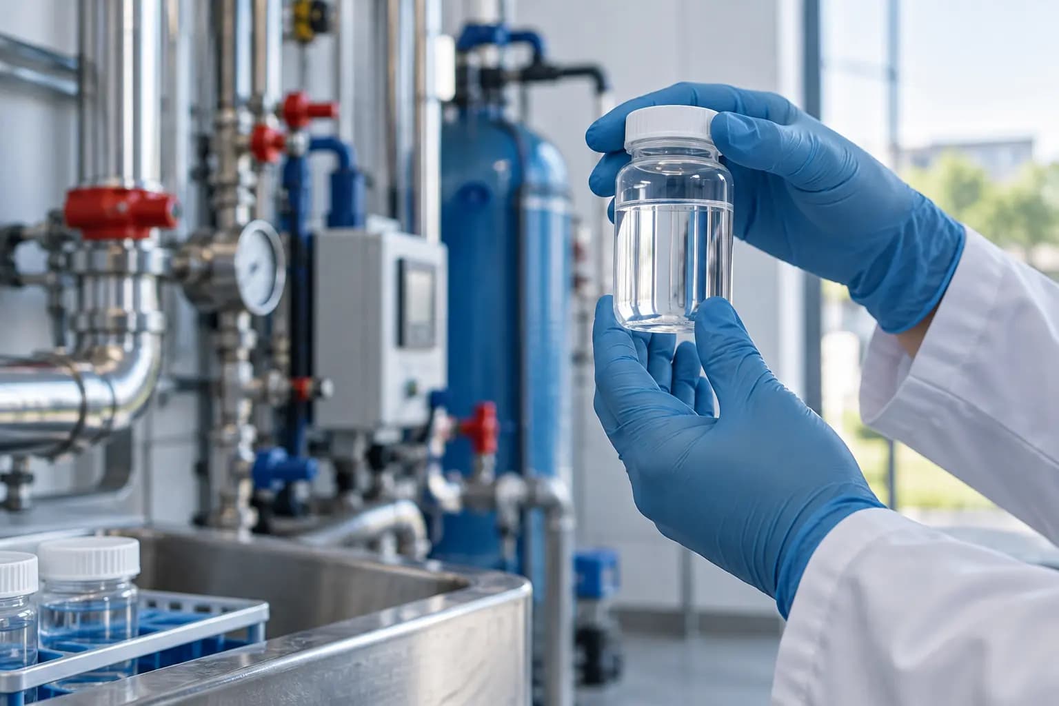 Tecnico durante il controllo di un campione d’acqua per la prevenzione della legionella