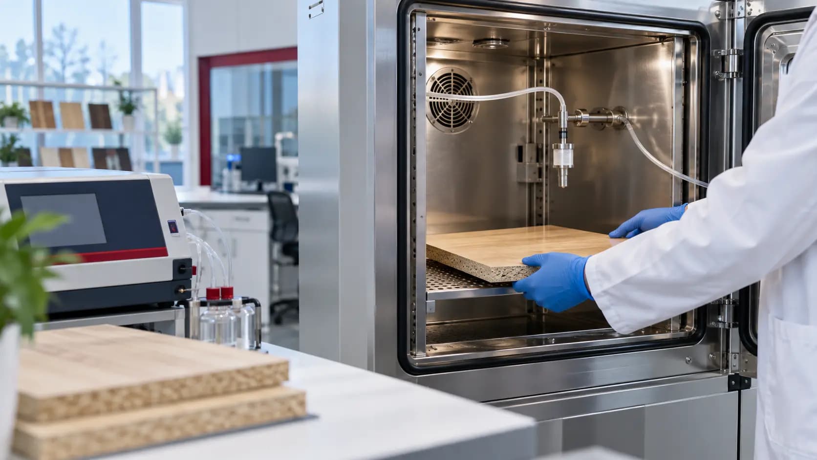 Prova delle emissioni di formaldeide su un pannello di legno in camera di test