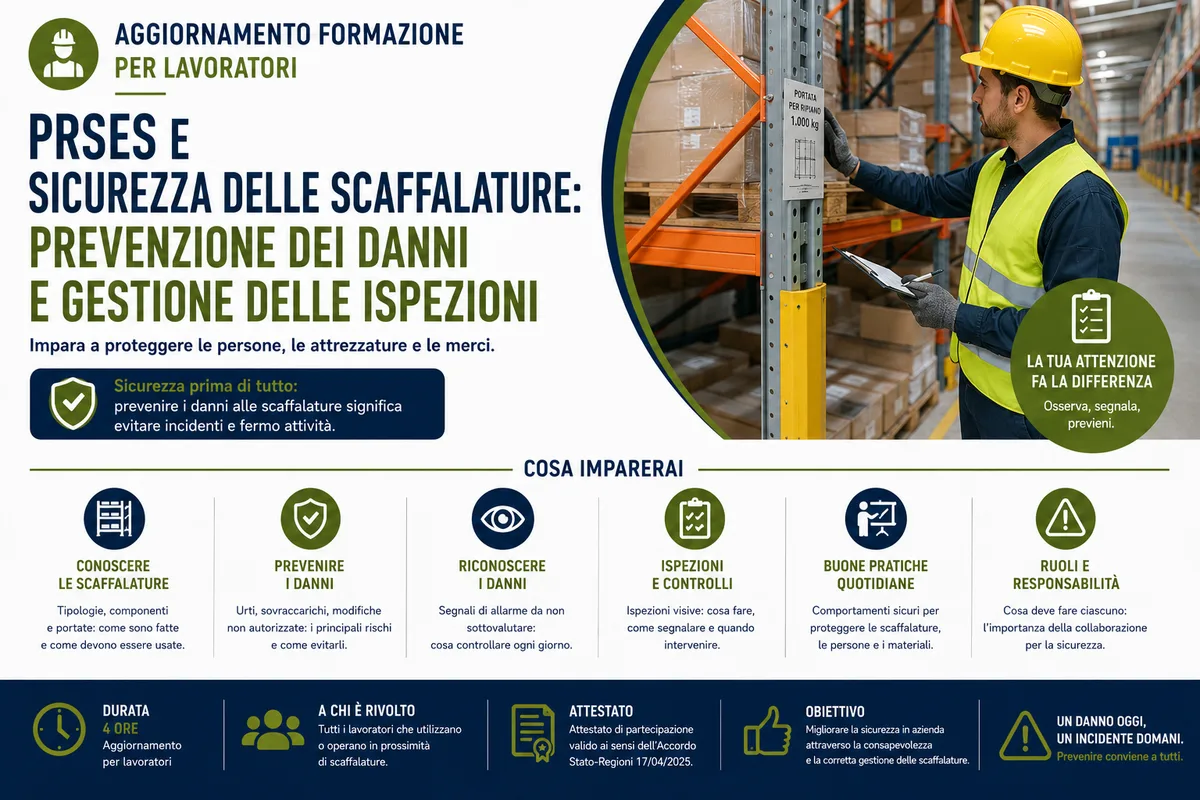 Aggiornamento formazione per lavoratori. PRSES e Sicurezza delle Scaffalature: Prevenzione dei Danni e Gestione delle Ispezioni