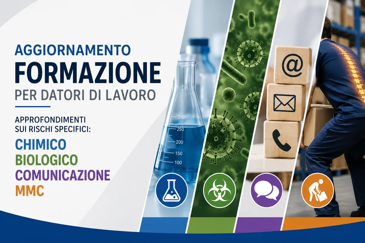 Aggiornamento formazione per datori di lavoro. Approfondimenti sui rischi specifici: chimico, biologico, comunicazione, MMC