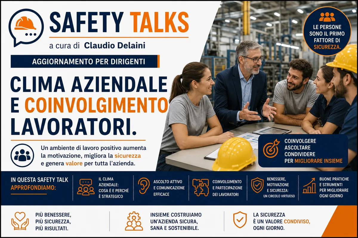 SAFETY TALKS a cura di Claudio Delaini: Aggiornamento per dirigenti. Clima aziendale e coinvolgimento lavoratori.