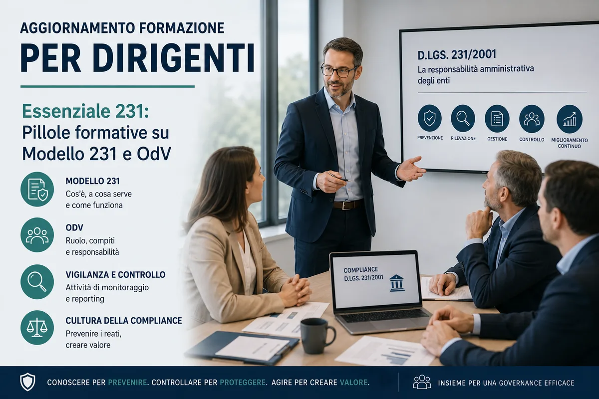 Aggiornamento formazione per dirigenti. Essenziale 231: Pillole formative su Modello 231 e OdV.