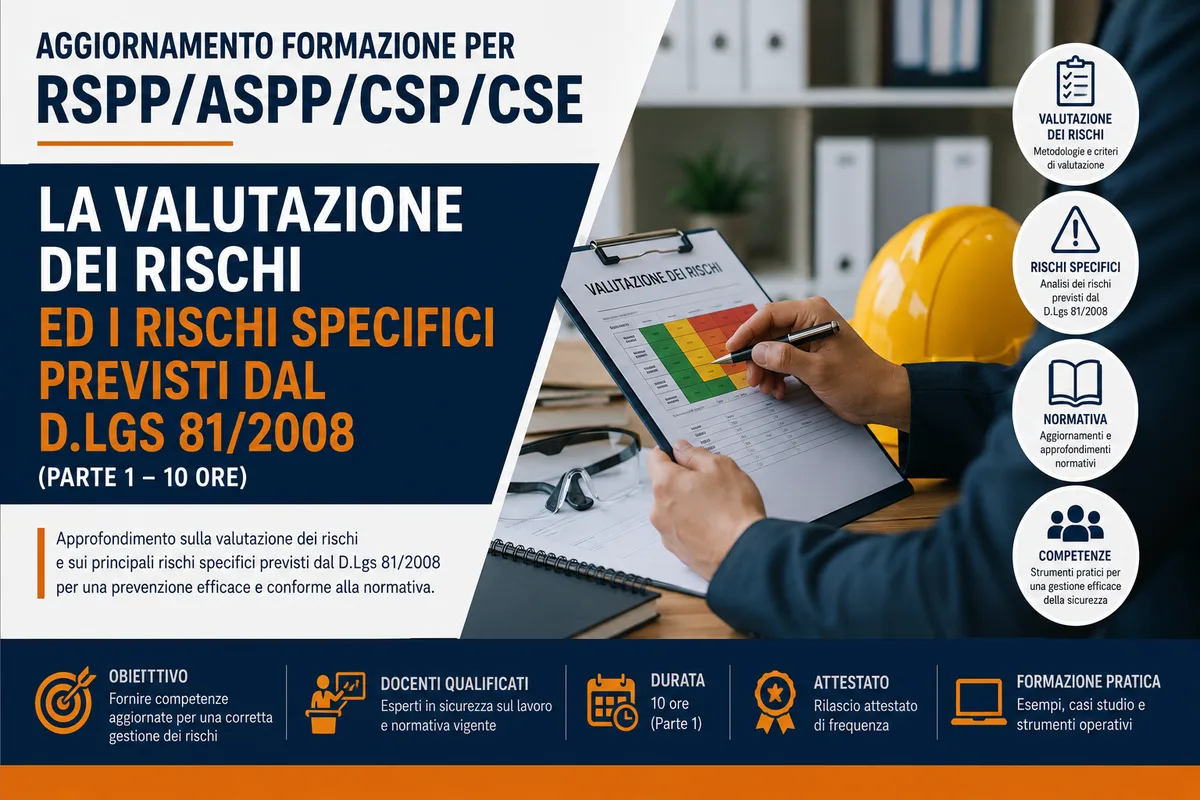Aggiornamento formazione per RSPP/ASPP/CSP/CSE: La valutazione dei rischi ed i rischi specifici previsti dal D.Lgs 81/2008 (Parte 1 – 10 ore)