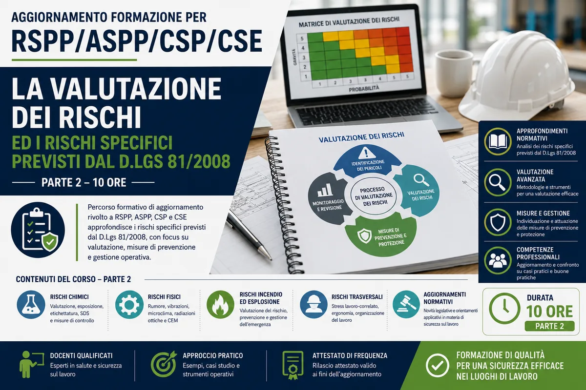 Aggiornamento formazione per RSPP/ASPP/CSP/CSE: La valutazione dei rischi ed i rischi specifici previsti dal D.Lgs 81/2008 (Parte 2 – 10 ore)