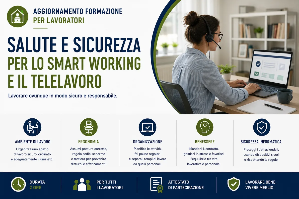 Aggiornamento formazione per lavoratori. Salute e sicurezza per lo Smart Working e il Telelavoro
