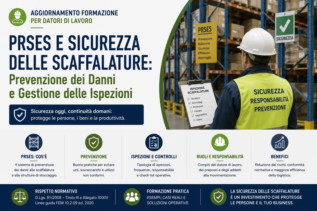 Aggiornamento formazione per datori di lavoro. PRSES e Sicurezza delle Scaffalature: Prevenzione dei Danni e Gestione delle Ispezioni