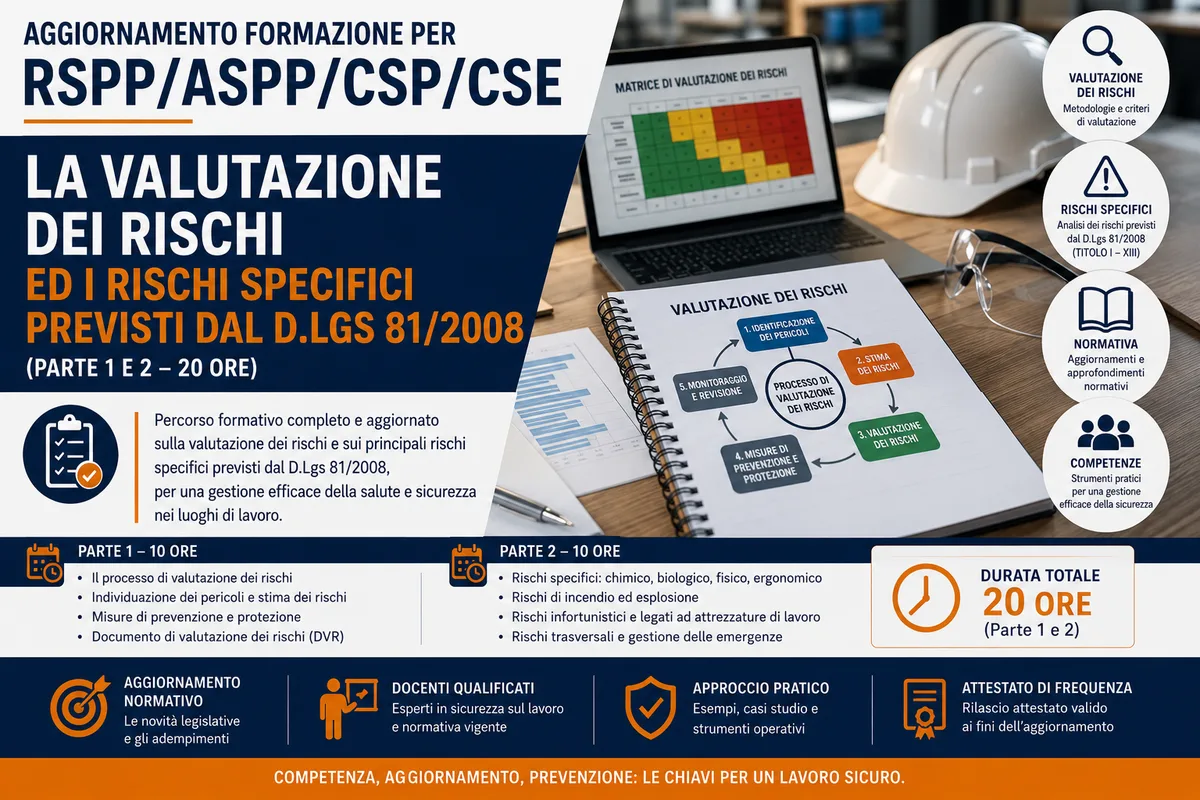 Aggiornamento formazione per RSPP/ASPP/CSP/CSE: La valutazione dei rischi ed i rischi specifici previsti dal D.Lgs 81/2008 (Parte 1 e 2 – 20 ore)