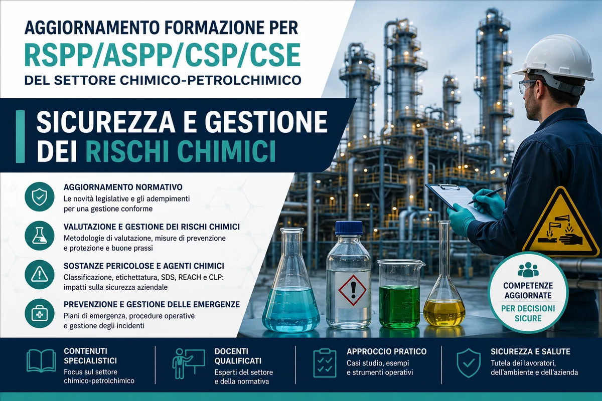 Aggiornamento formazione per RSPP/ASPP/CSP/CSE del settore Chimico-Petrolchimico. Sicurezza e gestione dei rischi chimici