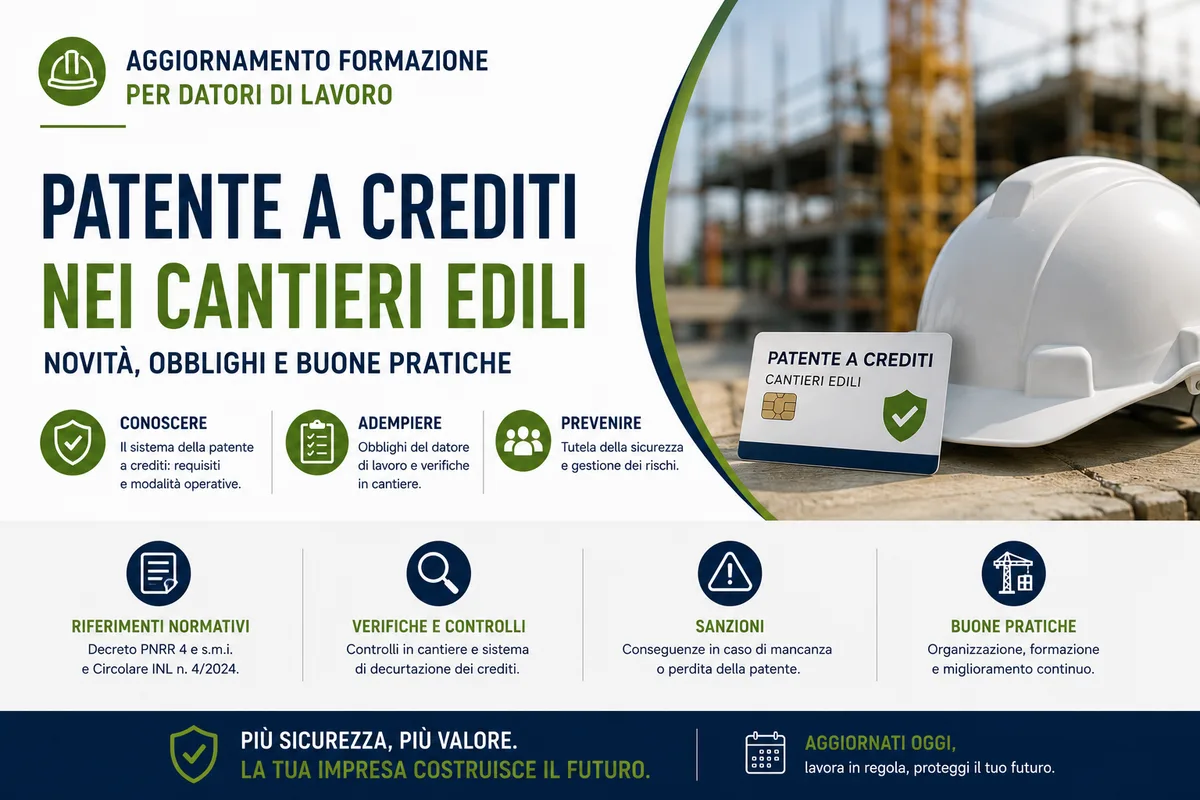 Aggiornamento formazione per datori di lavoro. Patente a crediti nei cantieri edili.