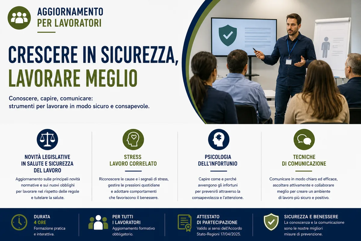 Aggiornamento per lavoratori. Novità legislative in salute e sicurezza del lavoro, stress lavoro correlato, psicologia dell'infortunio, tecniche di comunicazione.