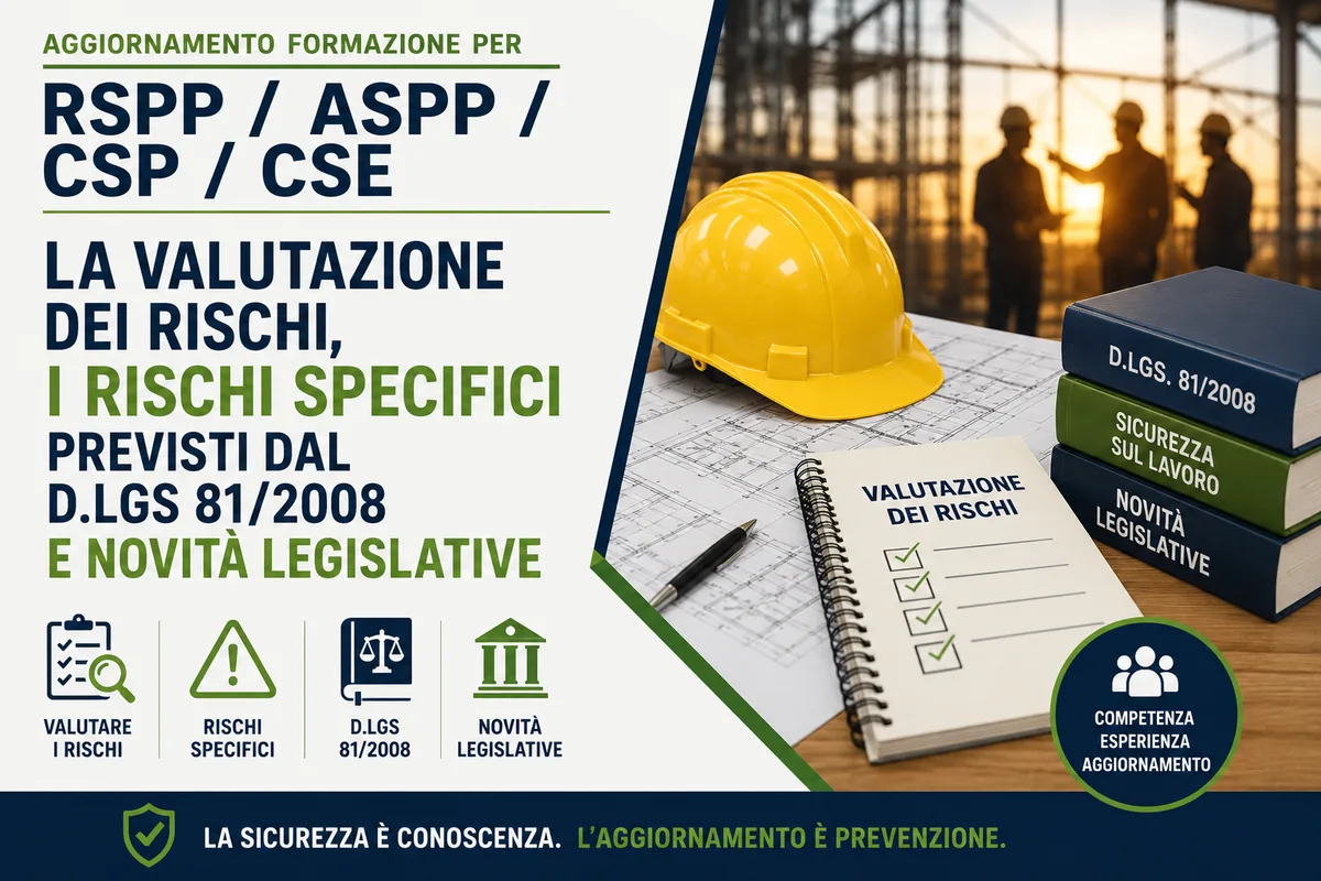 Aggiornamento formazione per RSPP/ASPP/CSP/CSE: La valutazione dei rischi, i rischi specifici previsti dal D.Lgs 81/2008 e novità legislative