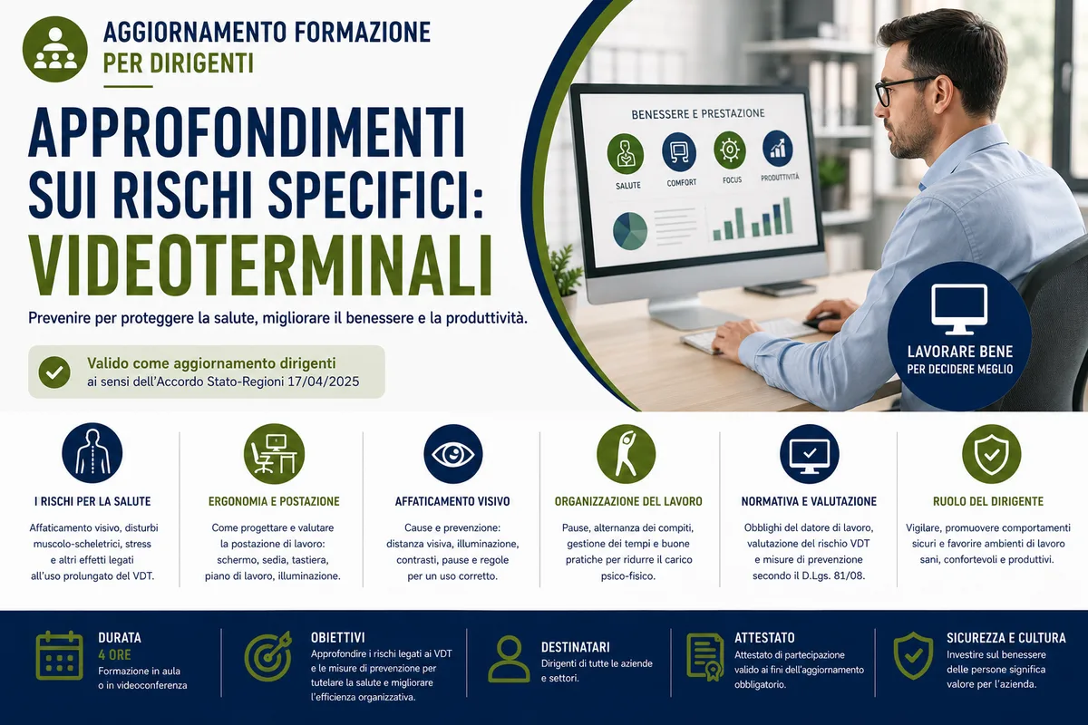 Aggiornamento valido per dirigenti. Approfondimenti sui rischi specifici: videoterminali