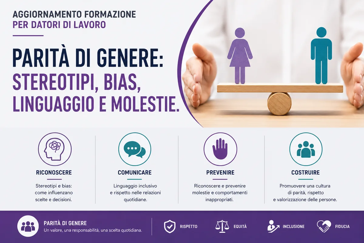 Aggiornamento formazione per datori di lavoro. Parità di genere: Stereotipi, bias, linguaggio e molestie.