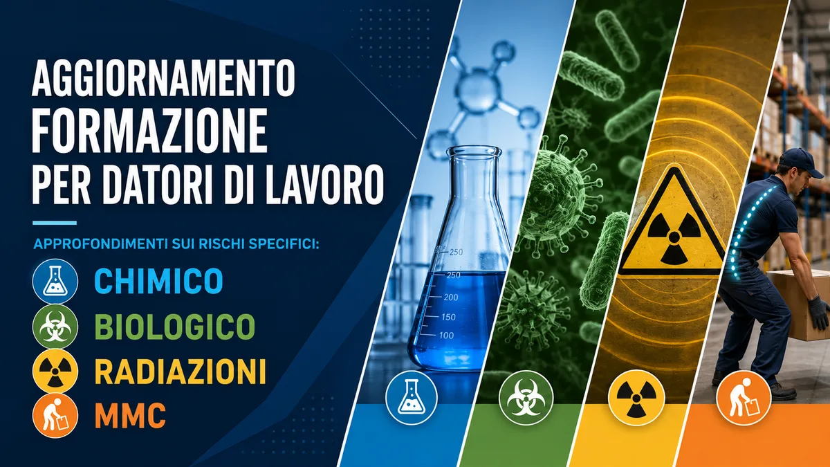 Aggiornamento formazione per datori di lavoro. Approfondimenti sui rischi specifici: chimico, biologico, radiazioni e MMC