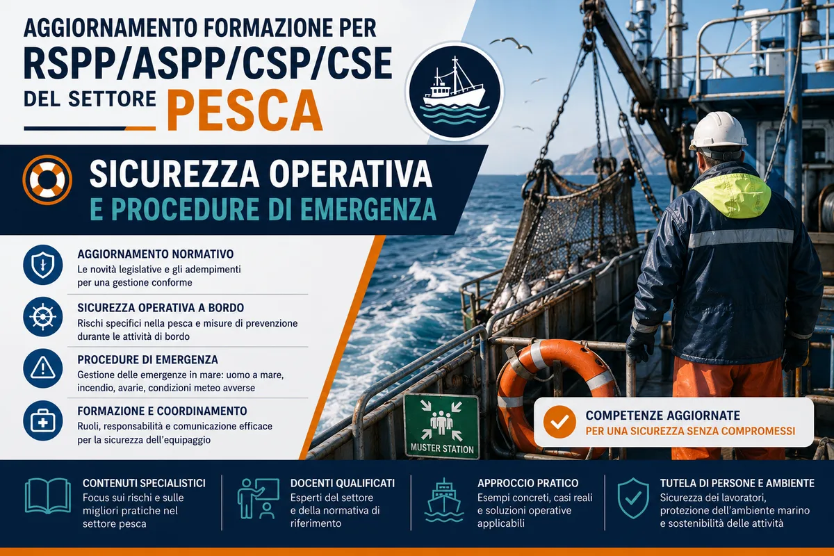 Aggiornamento formazione per RSPP/ASPP/CSP/CSE del settore Pesca. Sicurezza operativa e procedure di emergenza.