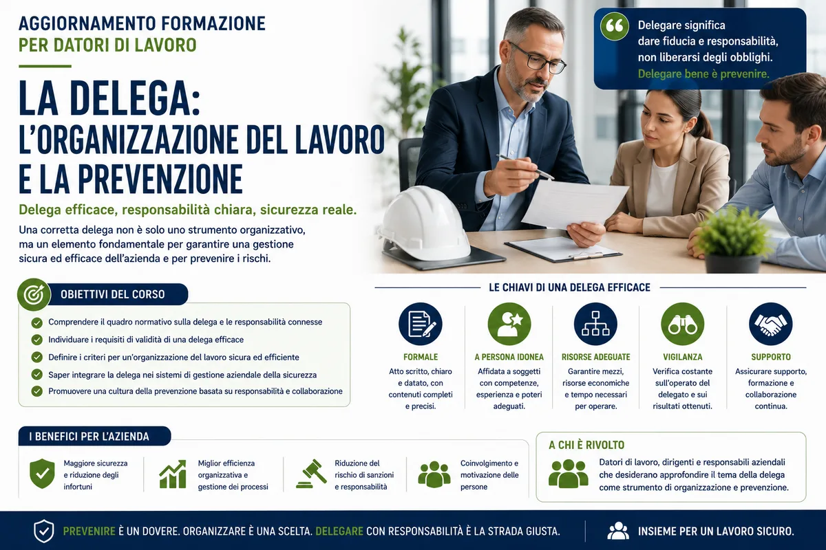 Aggiornamento formazione per datori di lavoro. La delega: l'organizzazione del lavoro e la prevenzione
