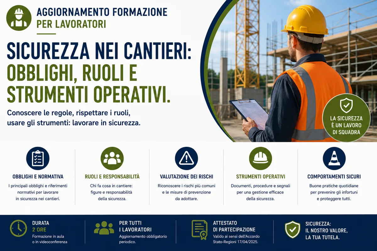 Aggiornamento formazione per lavoratori. Sicurezza nei cantieri: Obblighi, ruoli e strumenti operativi.