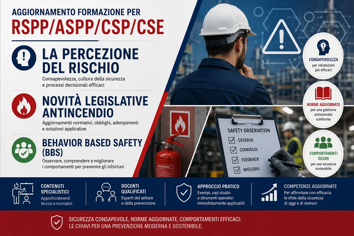 Aggiornamento formazione per RSPP/ASPP/CSP/CSE: la percezione del rischio, novità legislative antincendio e la Behavior Based Safety (BBS)