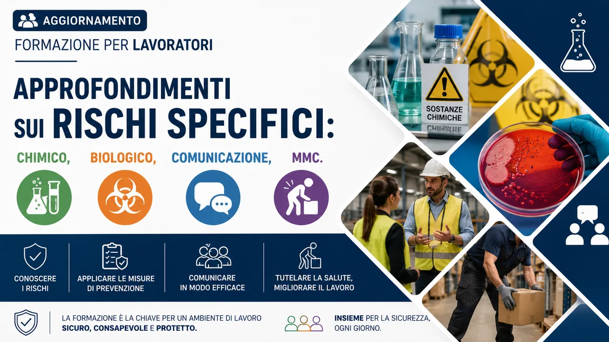 Aggiornamento formazione per lavoratori. Approfondimenti sui rischi specifici: chimico, biologico, comunicazione, MMC.