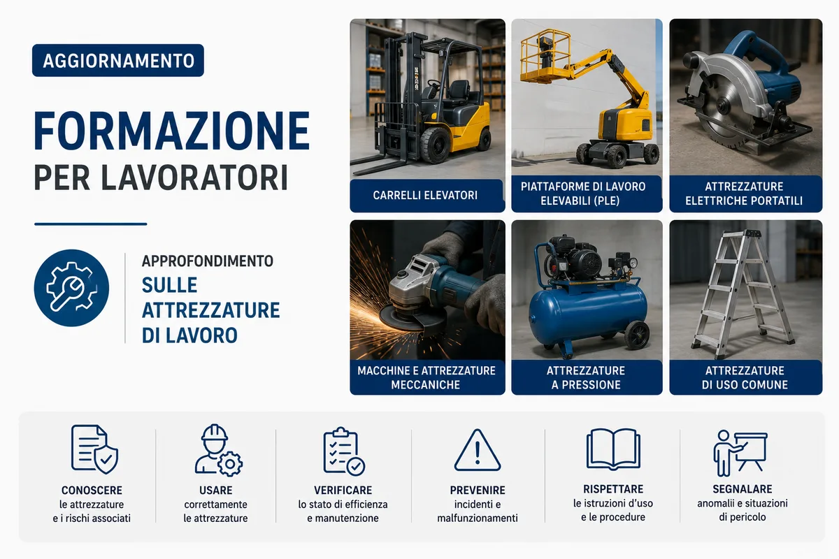 Aggiornamento formazione per lavoratori. Approfondimento sulle attrezzature di lavoro.