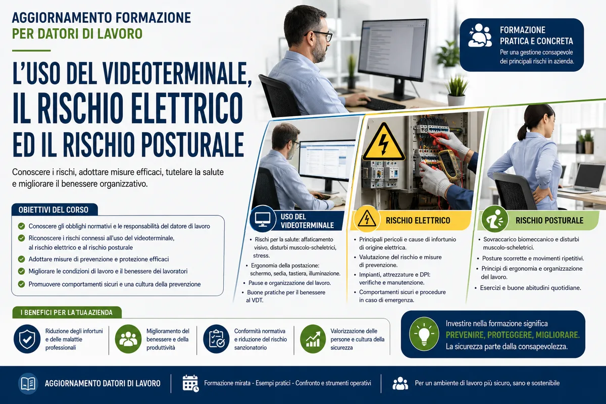 Aggiornamento formazione per datori di lavoro. L'uso del videoterminale, il rischio elettrico ed il rischio posturale
