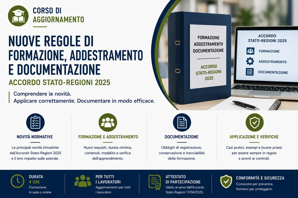 Corso di aggiornamento sulle nuove regole di formazione, addestramento e documentazione previste dall’Accordo Stato-Regioni 2025.